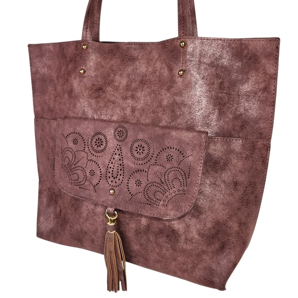Vegan Leather Tote Bag With Tassel And Gold Trim Large Burgundy